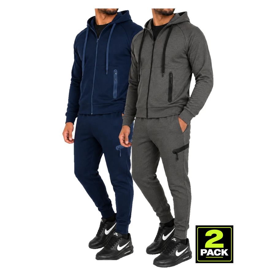 Men's 2 Pack Tech Fleece Zip-Up Hoodie & Jogger 2-Piece Set — Navy & Charcoal
