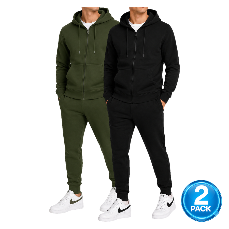 Men's 2 Pack Heavyweight Fleece Zip-Up Hoodie & Jogger 2-Piece Set — Olive / Black