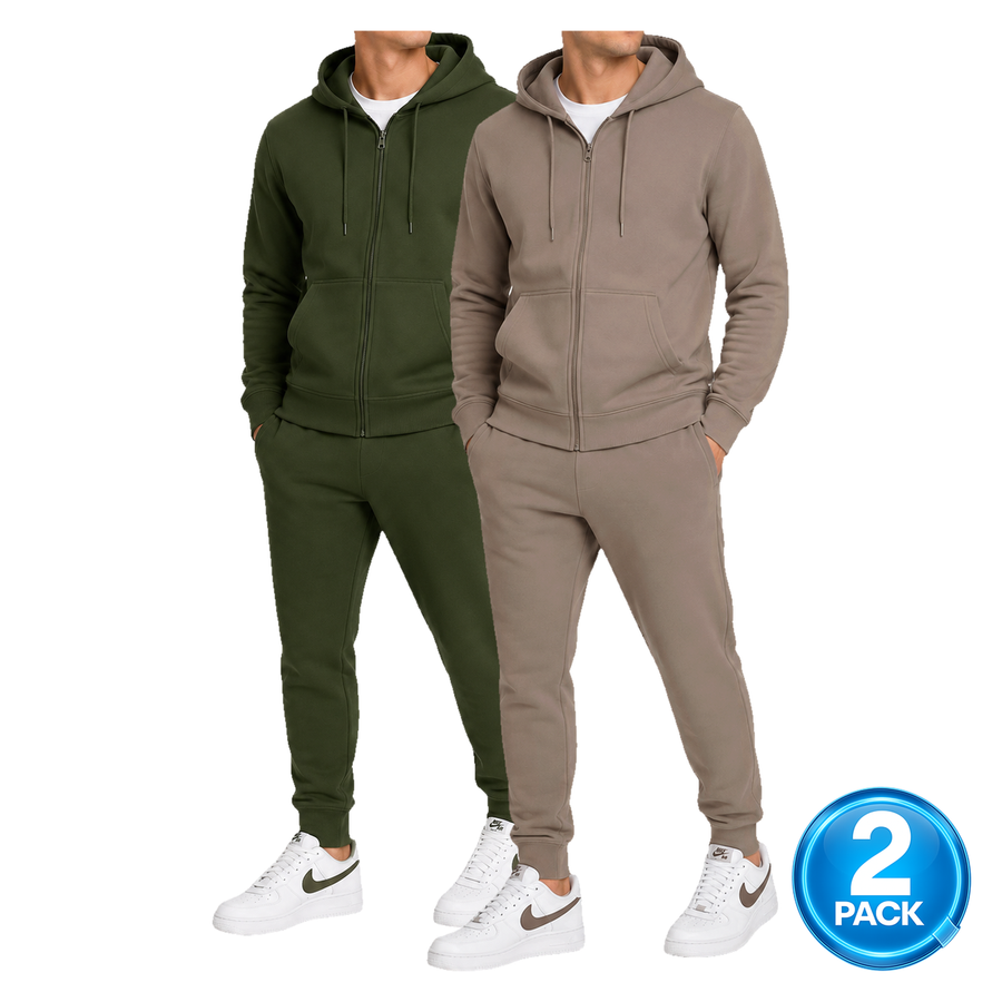 Men's 2 Pack Heavyweight Fleece Zip-Up Hoodie & Jogger 2-Piece Set — Olive / Brown