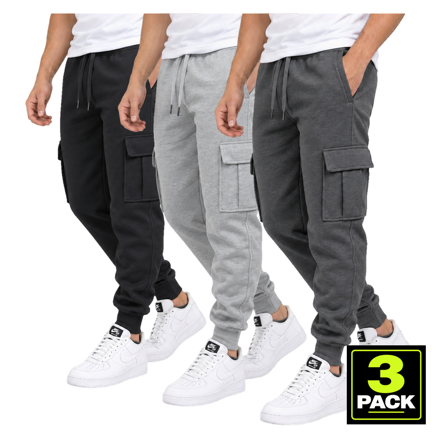 Men's 3-Pack Fleece Lined Cargo Jogger Sweatpants — Black, Heather Grey & Charcoal