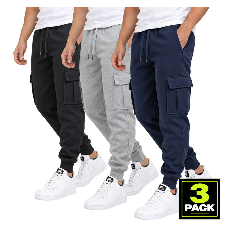 Men's 3-Pack Fleece Lined Cargo Jogger Sweatpants — Black, Heather Grey & Navy