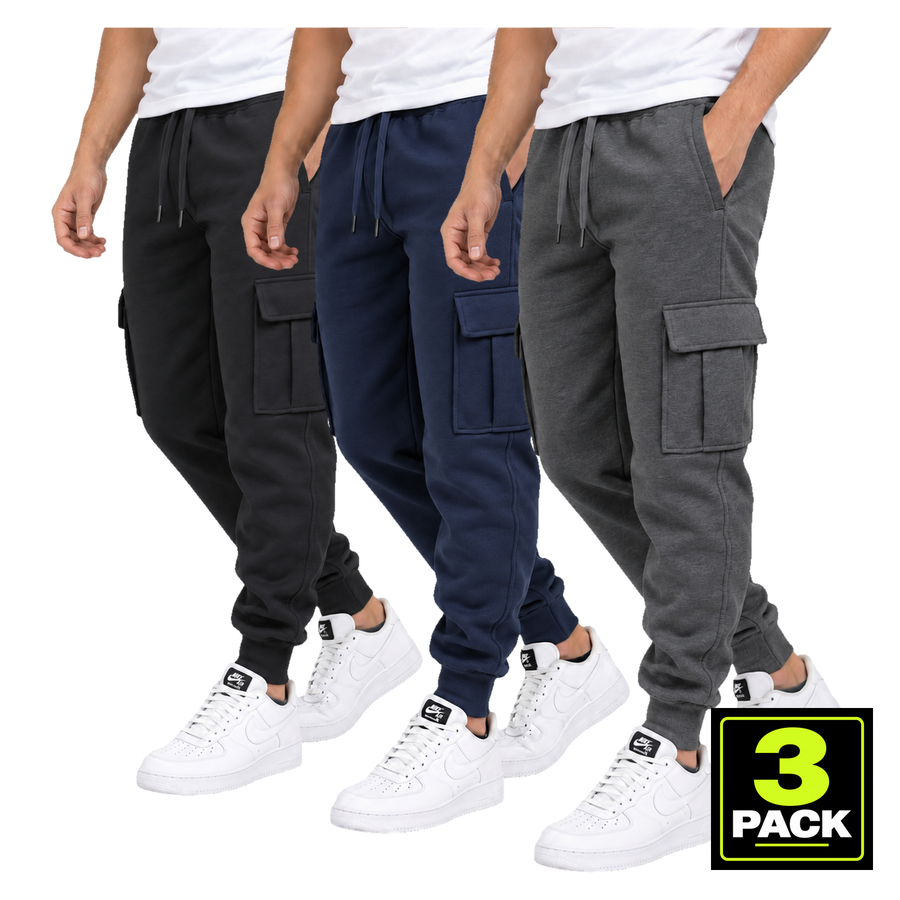 Men's 3-Pack Fleece Lined Cargo Jogger Sweatpants — Black, Navy & Charcoal