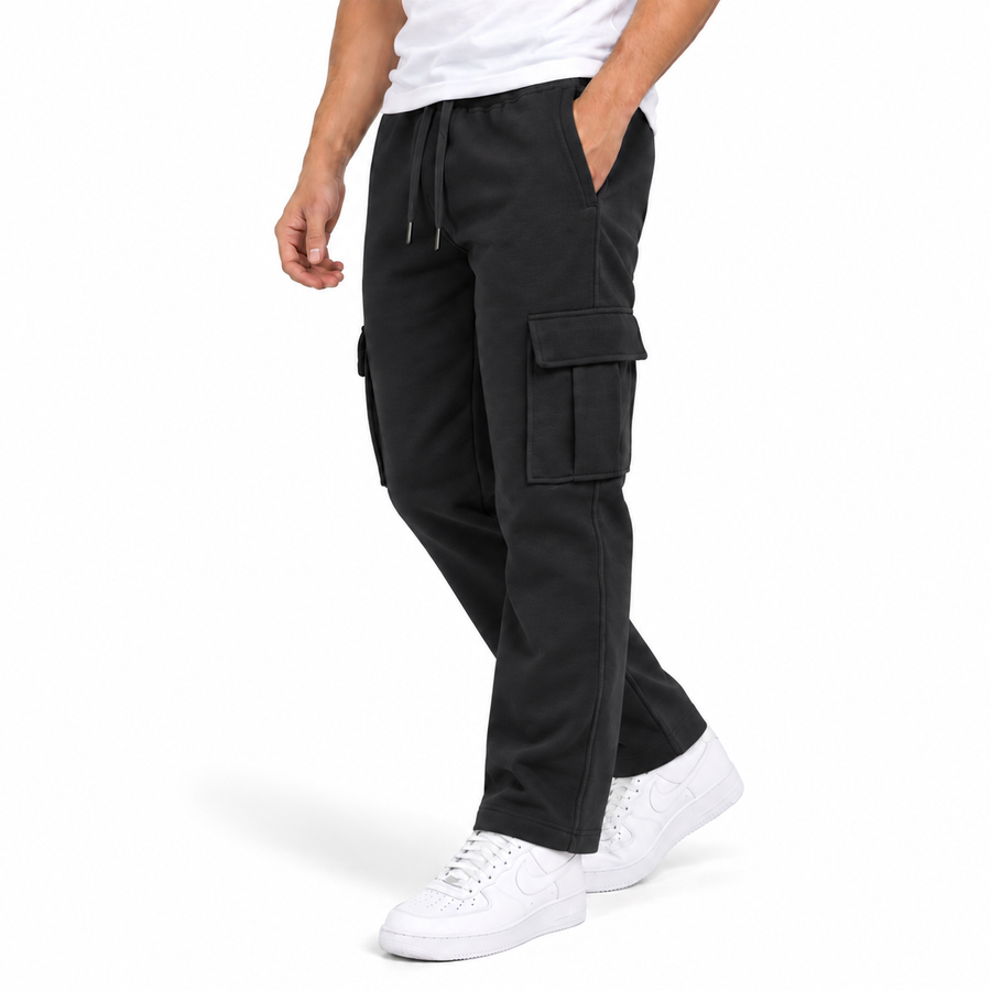 Men's Fleece Lined Cargo Open Bottom Sweatpants — Black