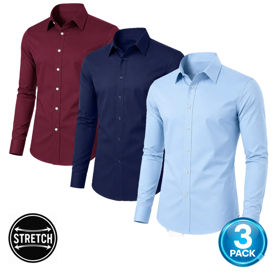 Men's 3-Pack Long Sleeve Stretch Dress Shirt — Navy, Light Blue & Burgundy