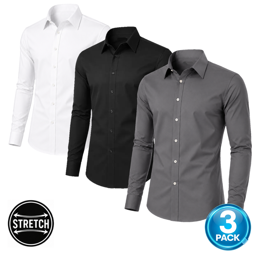 Men's 3-Pack Long Sleeve Stretch Dress Shirt in White, Black & Grey