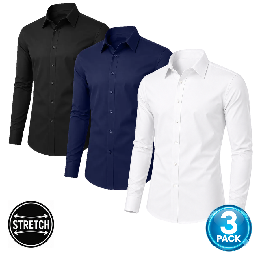 Men's 3-Pack Long Sleeve Stretch Dress Shirt — White, Black & Navy