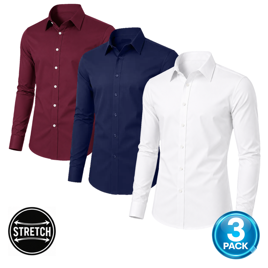 Men's 3-Pack Long Sleeve Stretch Dress Shirt — White, Navy & Burgundy