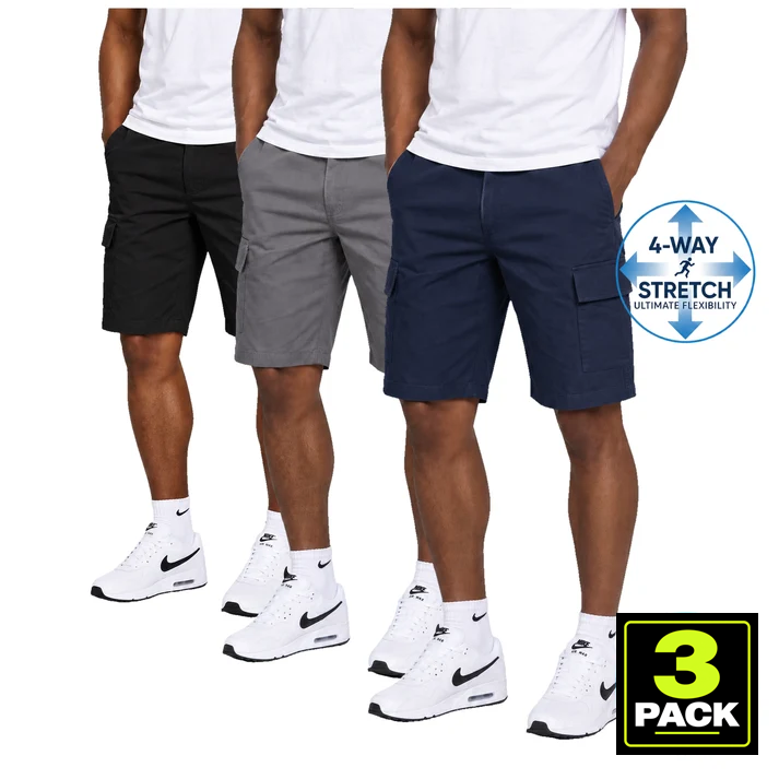 Men's 3-Pack Super Stretch Cargo Shorts — Black, Grey & Navy