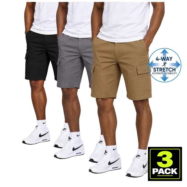Men's 3-Pack Super Stretch Cargo Shorts — Black, Grey & Timber