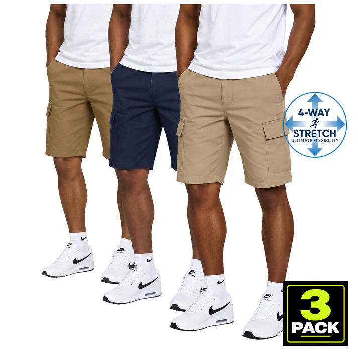 Men's 3-Pack Super Stretch Cargo Shorts — Khaki, Navy & Timber