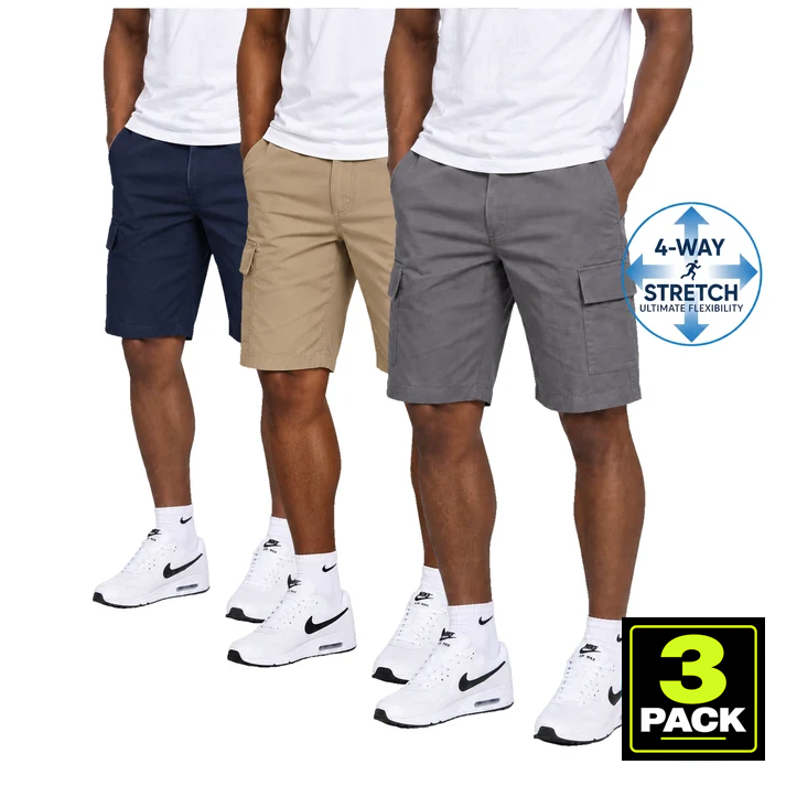 Men's 3-Pack Super Stretch Cargo Shorts — Navy, Khaki & Grey
