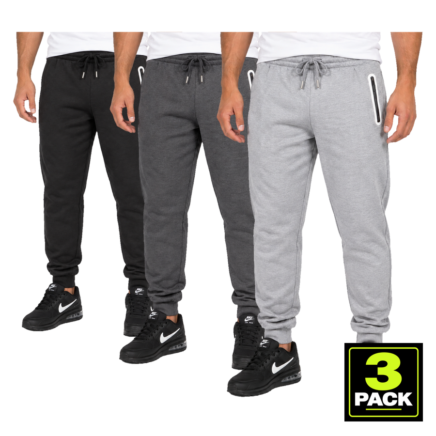 Men's 3 Pack Fleece-Lined Jogger With Heat Seal Zipper Side Pockets — Black, Charcoal & Heather Grey