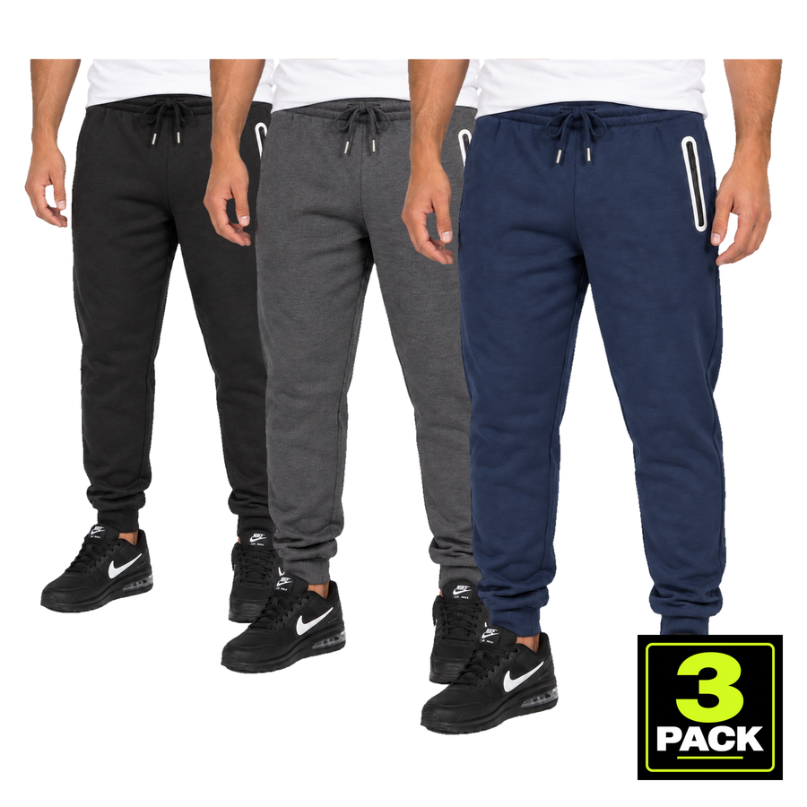 Men's 3 Pack Fleece-Lined Jogger With Heat Seal Zipper Side Pockets — Black, Charcoal & Navy
