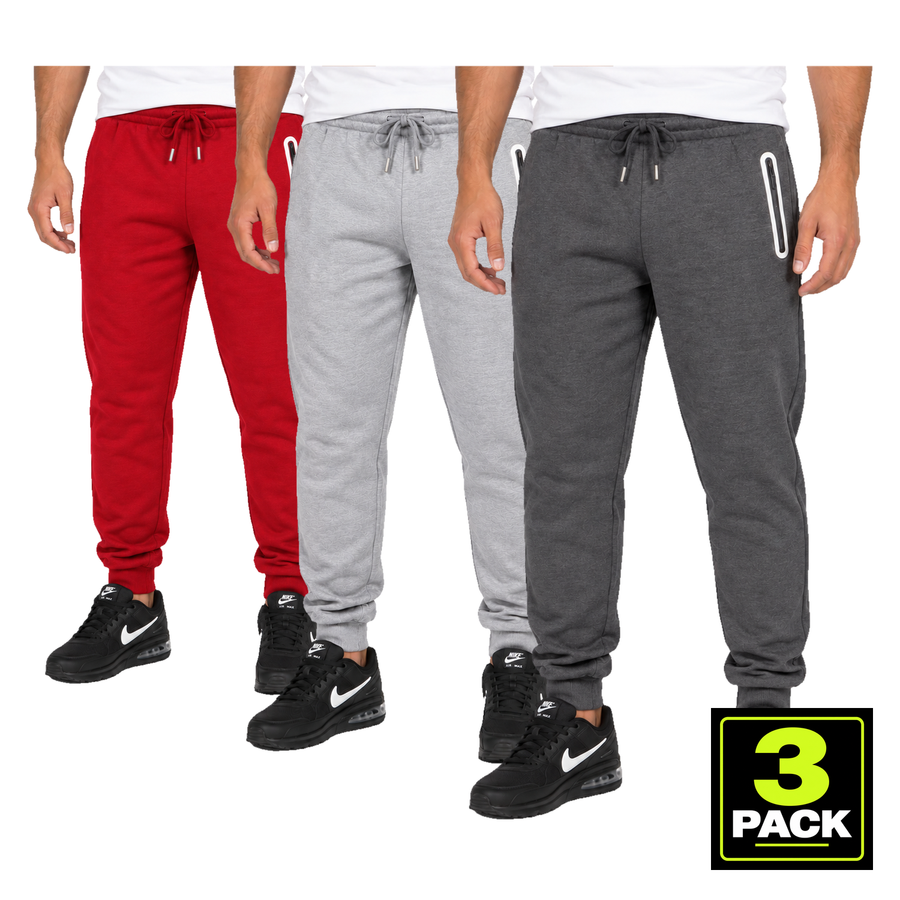 Men's 3 Pack Fleece-Lined Jogger With Heat Seal Zipper Side Pockets — Charcoal, Heather Grey & Red