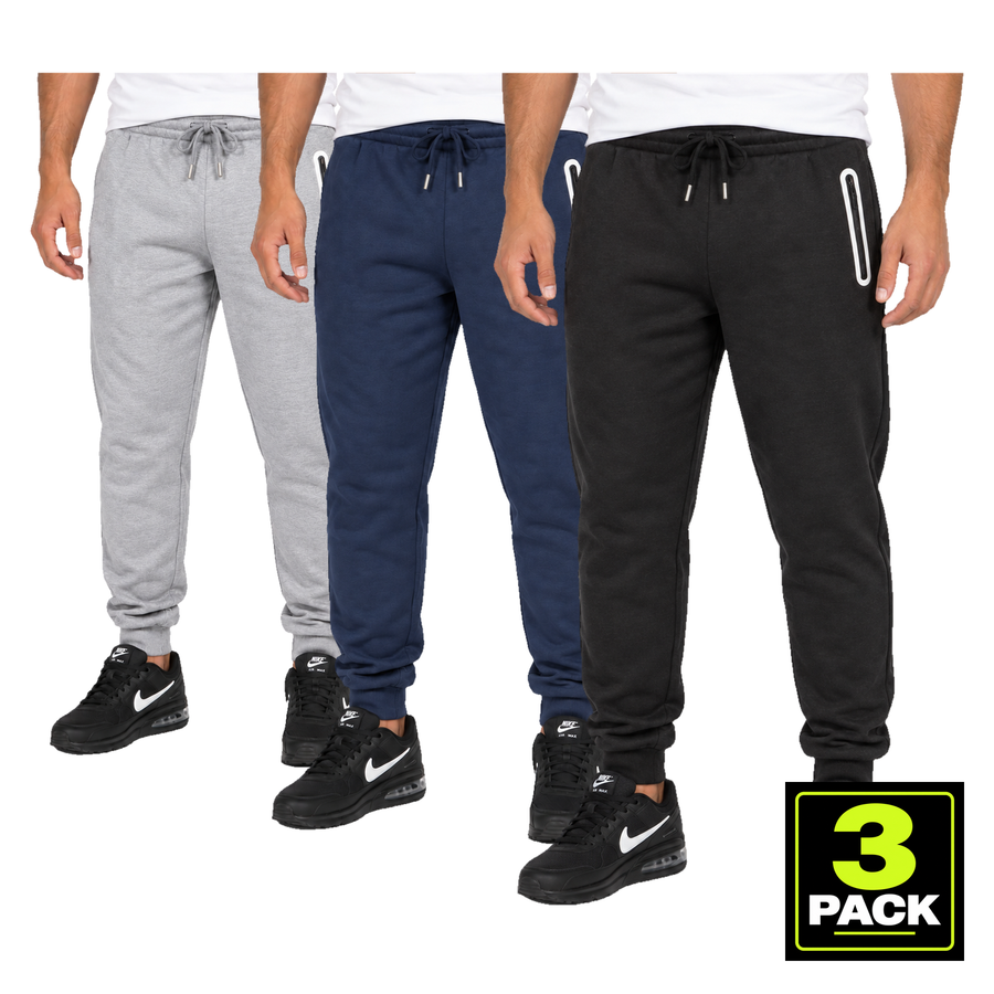 Men's 3 Pack Fleece-Lined Jogger With Heat Seal Zipper Side Pockets — Navy, Black & Heather Grey