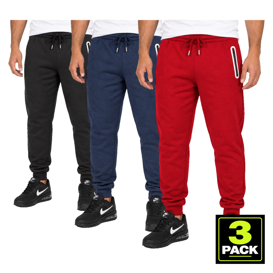 Men's 3 Pack Fleece-Lined Jogger With Heat Seal Zipper Side Pockets — Navy, Black & Red