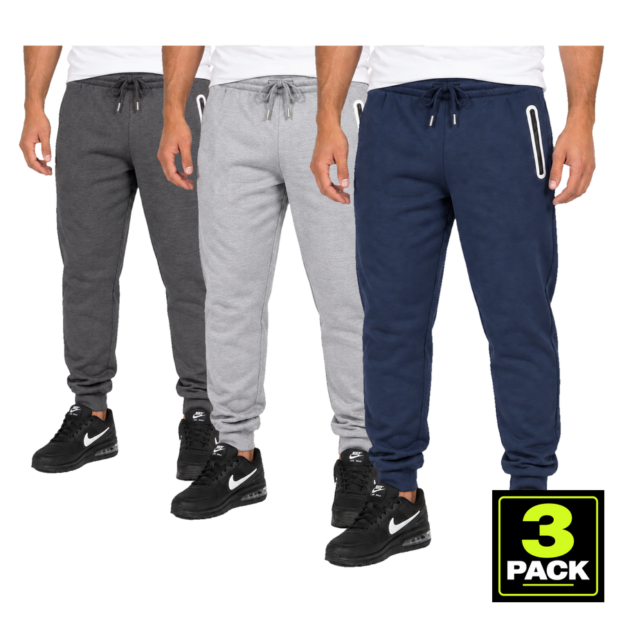 Men's 3 Pack Fleece-Lined Jogger With Heat Seal Zipper Side Pockets — Navy, Charcoal & Heather Grey