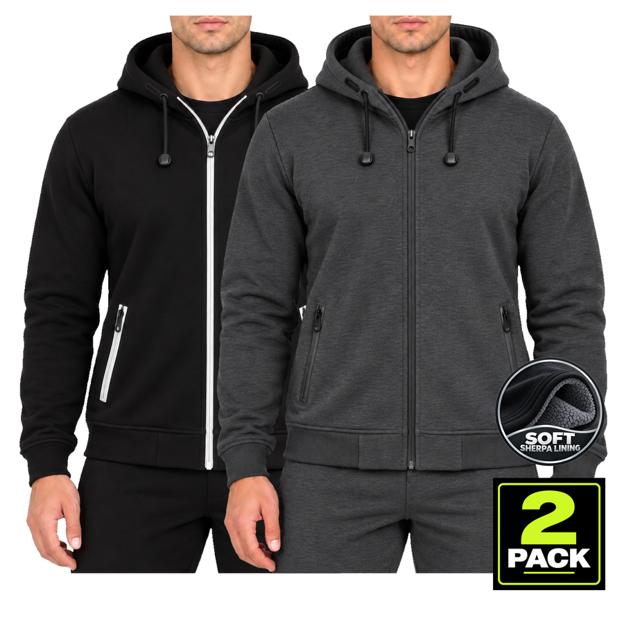 Men's 2-Pack Heavyweight Sherpa Fleece-Lined Zip Up Hoodie — Black & Charcoal