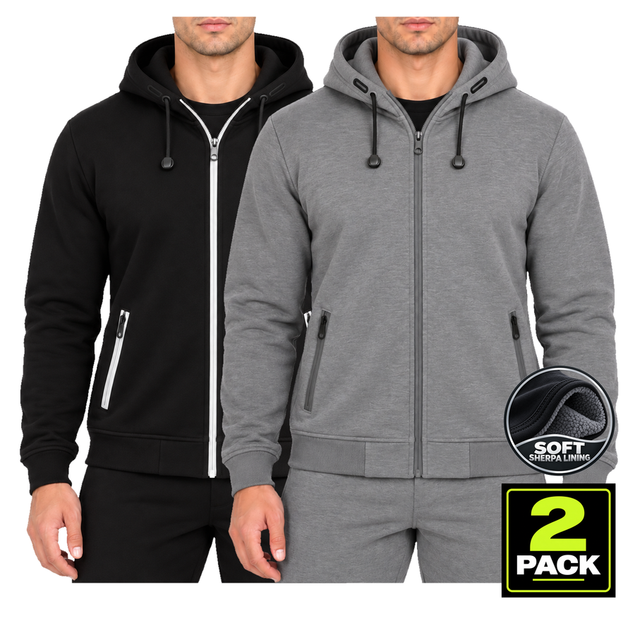 Men's 2-Pack Heavyweight Sherpa Fleece-Lined Zip Up Hoodie — Black & Heather Grey