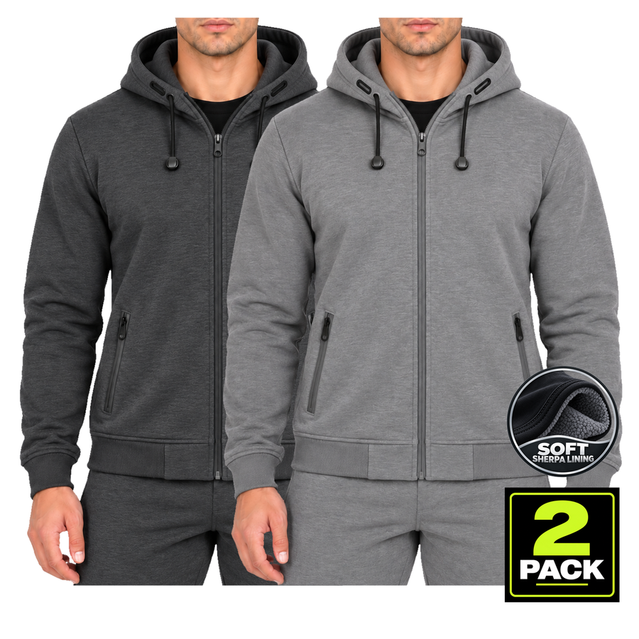 Men's 2-Pack Heavyweight Sherpa Fleece-Lined Zip Up Hoodie — Charcoal & Heather Grey