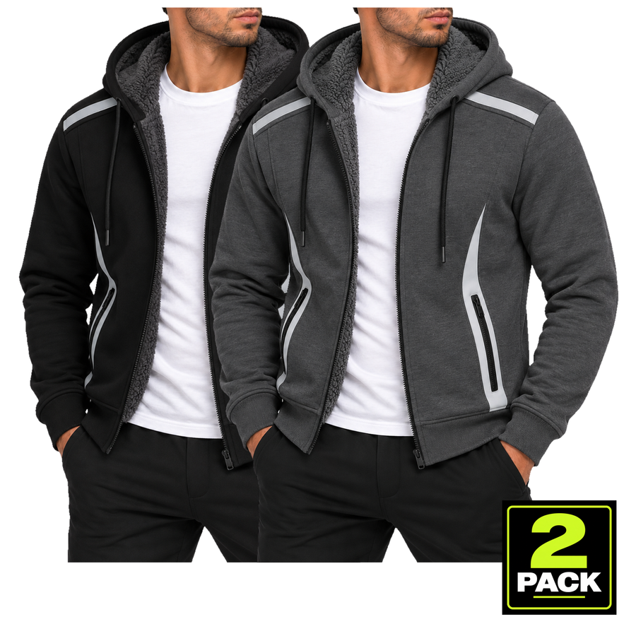 Men's 2-Pack Heavyweight Sherpa Fleece-Lined Tech Zip Up Hoodie — Black & Charcoal