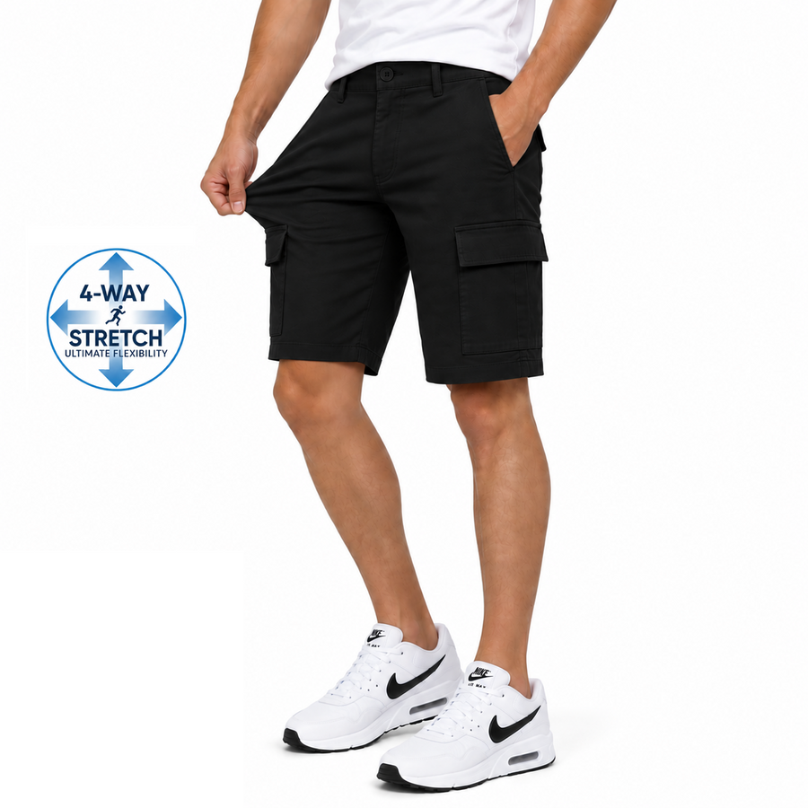 Men's Super Stretch Cargo Shorts with Zipper Pockets — Black