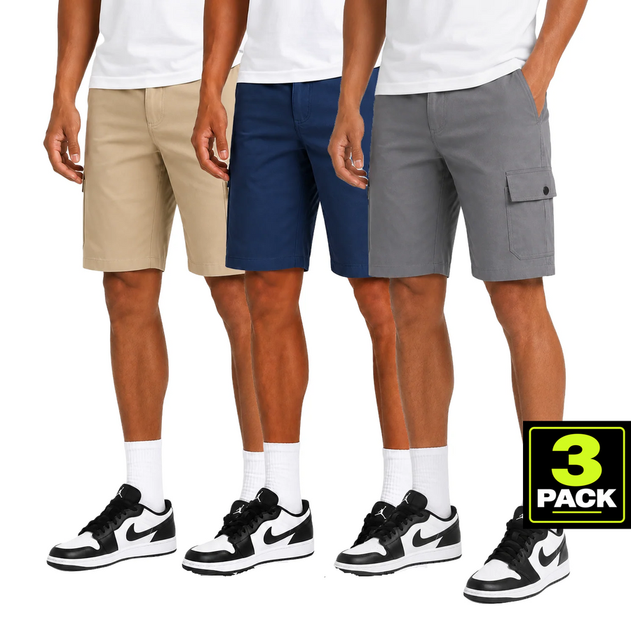 Men's 3-Pack Stretch Flex Cargo Shorts — Khaki / Blue / Light Grey