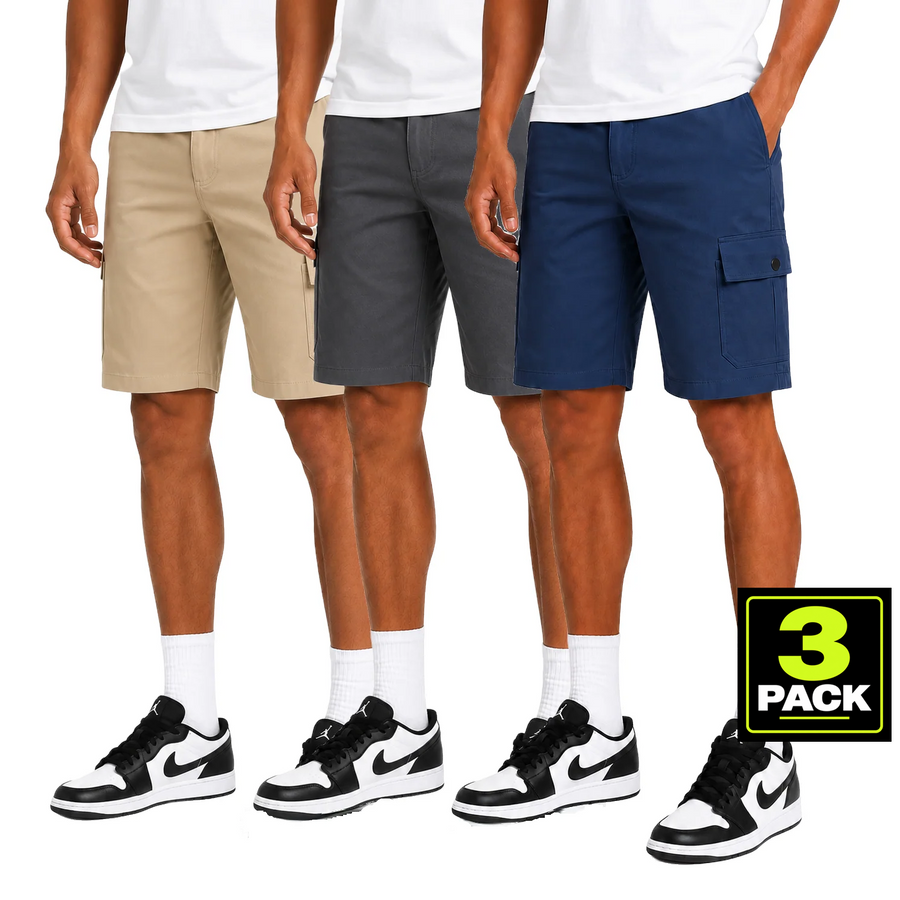 Men's 3-Pack Stretch Flex Cargo Shorts — Khaki / Charcoal / Blue