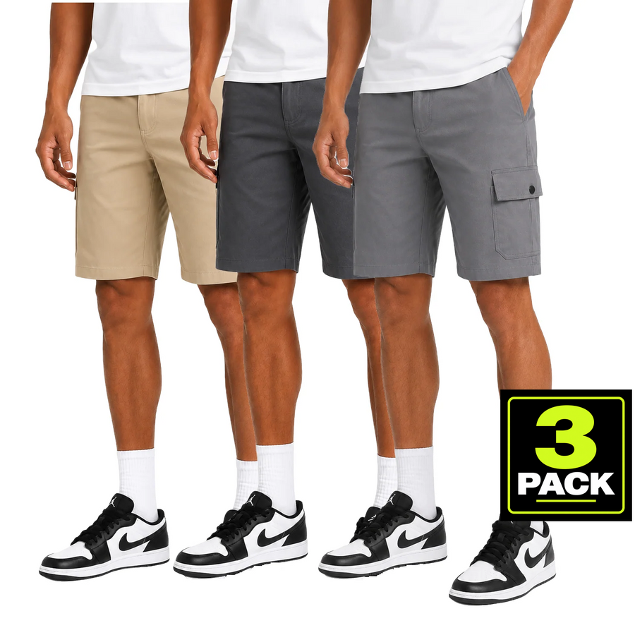 Men's 3-Pack Stretch Flex Cargo Shorts — Khaki / Charcoal / Light Grey