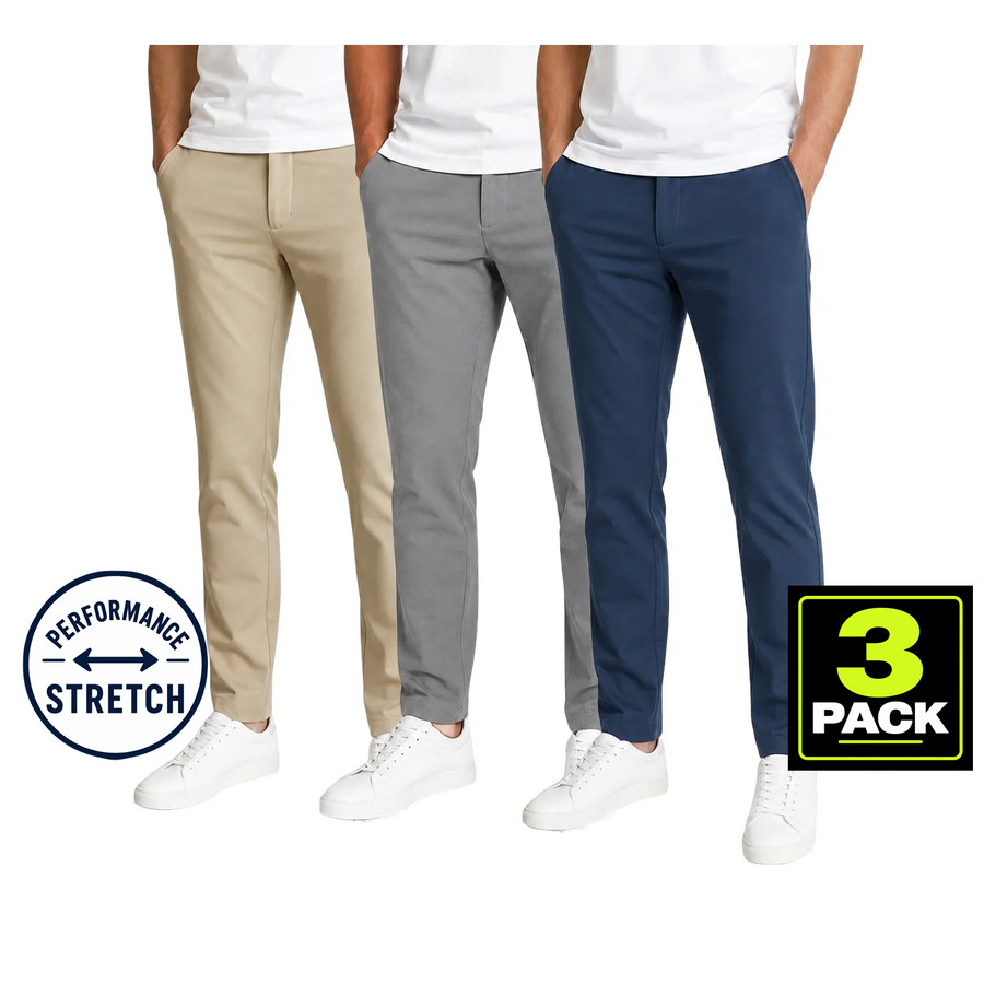 Young Men's 3-Pack Stretch Performance Fit Pants — Khaki / Grey / Navy