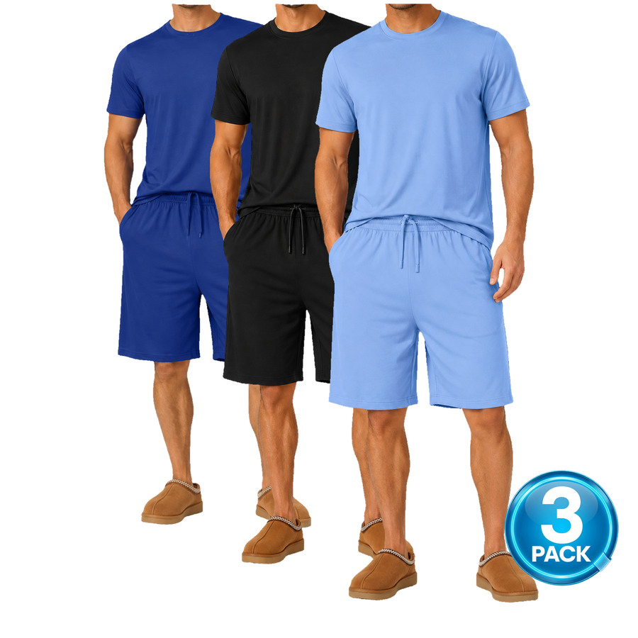 Men's 3-Pack Classic Tees & Lounge Shorts Set — Royal Blue, Black & Light Blue