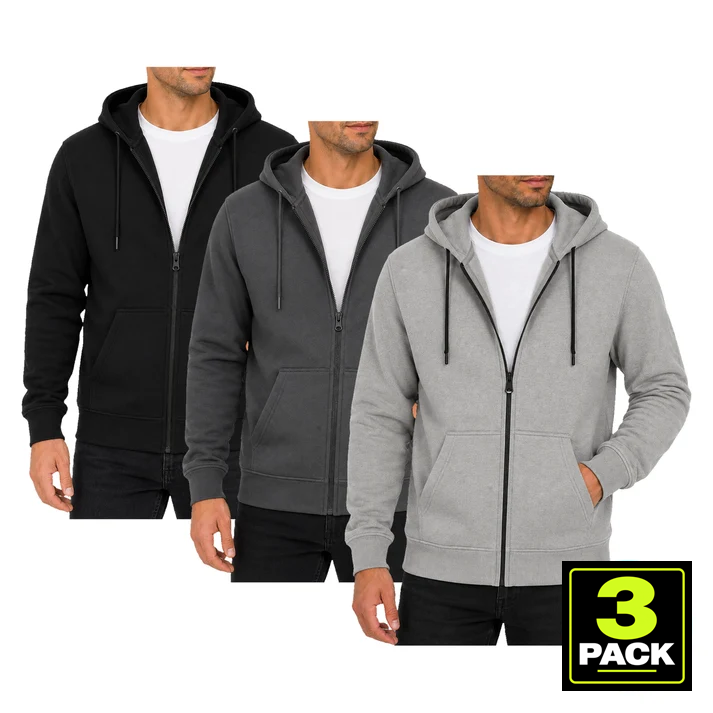 Men's 3-Pack Fleece-Lined Full Zip Hoodie — Black, Charcoal & Heather Grey