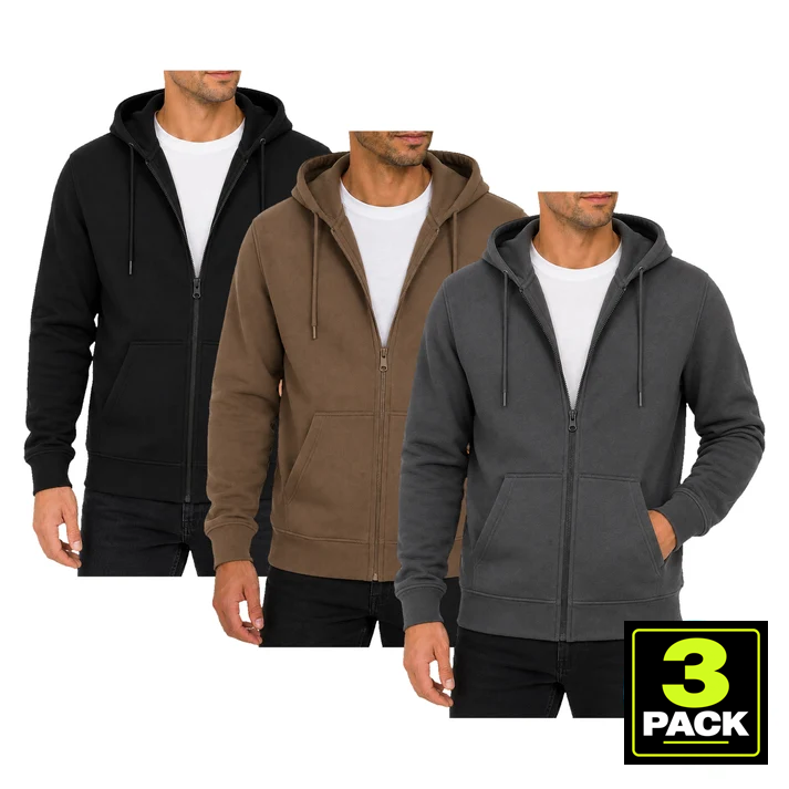 Men's 3-Pack Fleece-Lined Full Zip Hoodie — Black, Brown & Charcoal