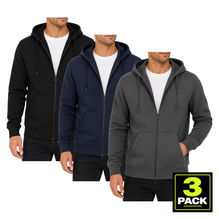 Men's 3-Pack Fleece-Lined Full Zip Hoodie — Black, Navy & Charcoal
