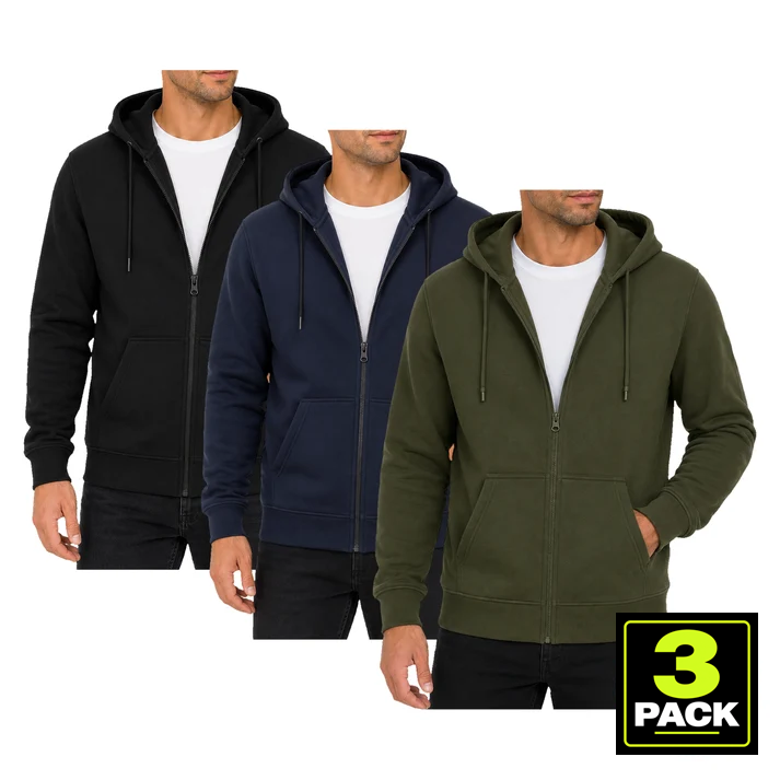 Men's 3-Pack Fleece-Lined Full Zip Hoodie — Black, Navy & Olive