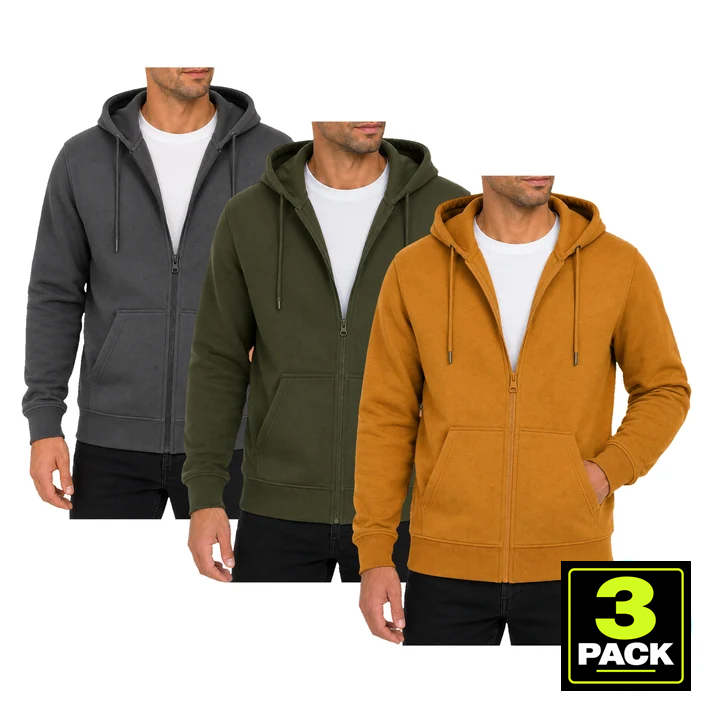 Men's 3-Pack Fleece-Lined Full Zip Hoodie — Charcoal, Olive & Bronze