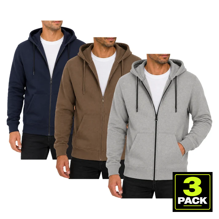 Men's 3-Pack Fleece-Lined Full Zip Hoodie — Navy, Brown & Grey