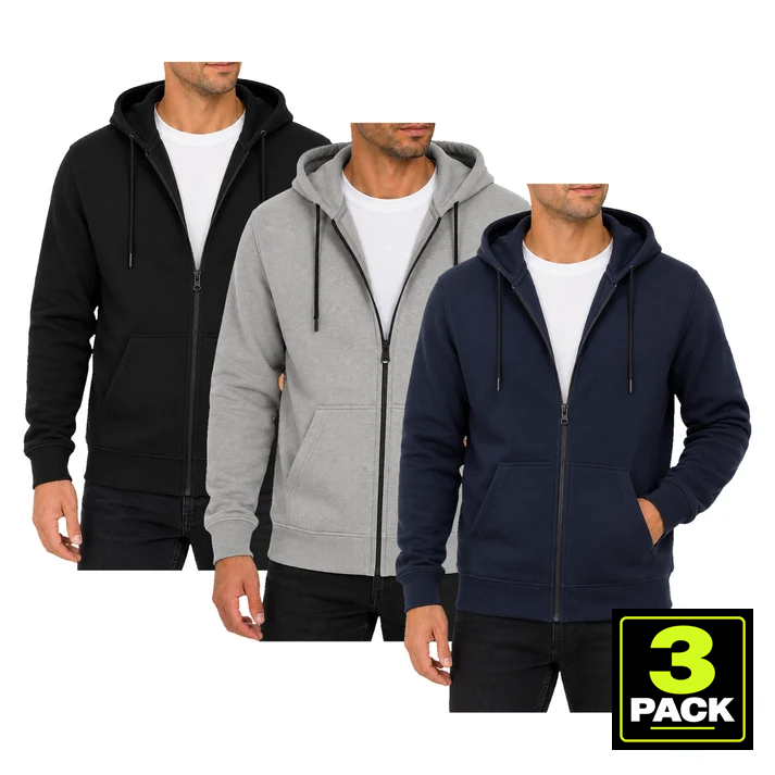 Men's 3-Pack Fleece-Lined Full Zip Hoodie — Black, Grey & Navy