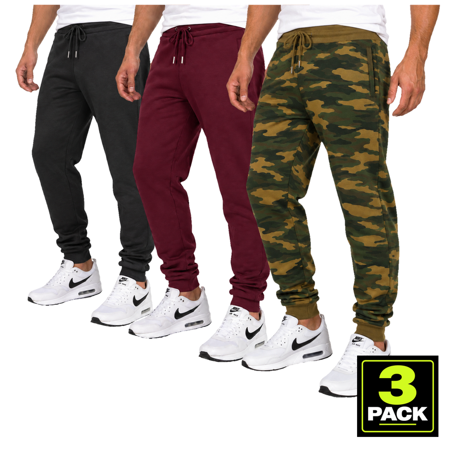 Men's 3 Pack Fleece-Lined Jogger With Hidden Zipper Side Pockets — Black, Burgundy & Camouflage