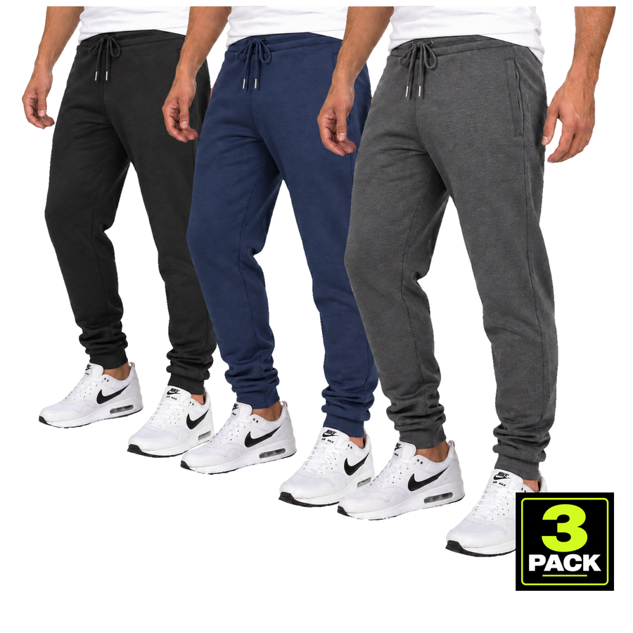 Men's 3 Pack Fleece-Lined Jogger With Hidden Zipper Side Pockets — Black, Charcoal & Navy