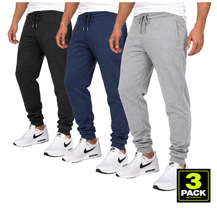 Men's 3 Pack Fleece-Lined Jogger With Hidden Zipper Side Pockets — Navy, Black & Heather Grey