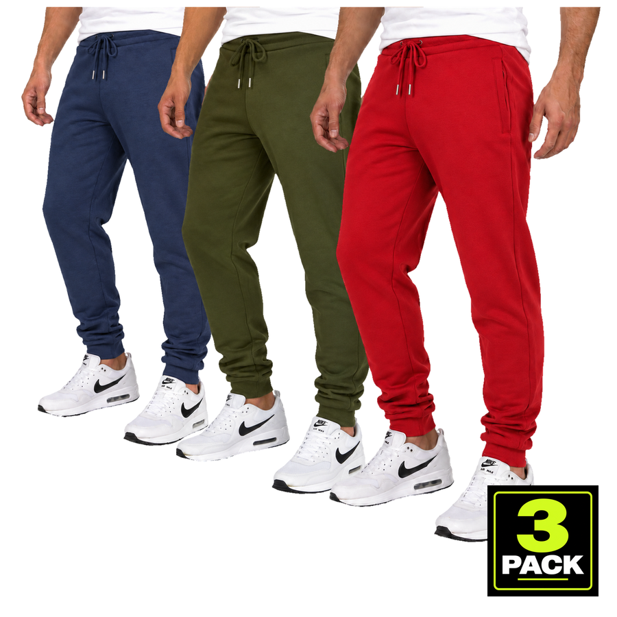 Men's 3 Pack Fleece-Lined Jogger With Hidden Zipper Side Pockets — Navy, Olive & Red