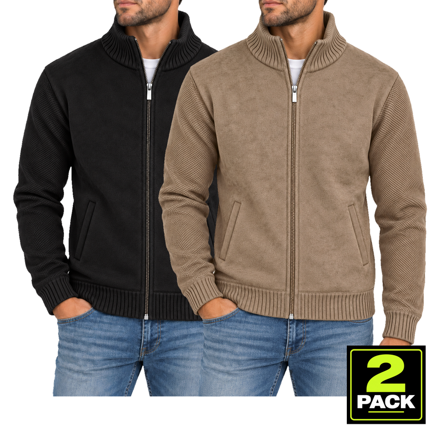 Men's 2-Pack Fleece Lined Full Zip Knit Sweater — Black / Camel