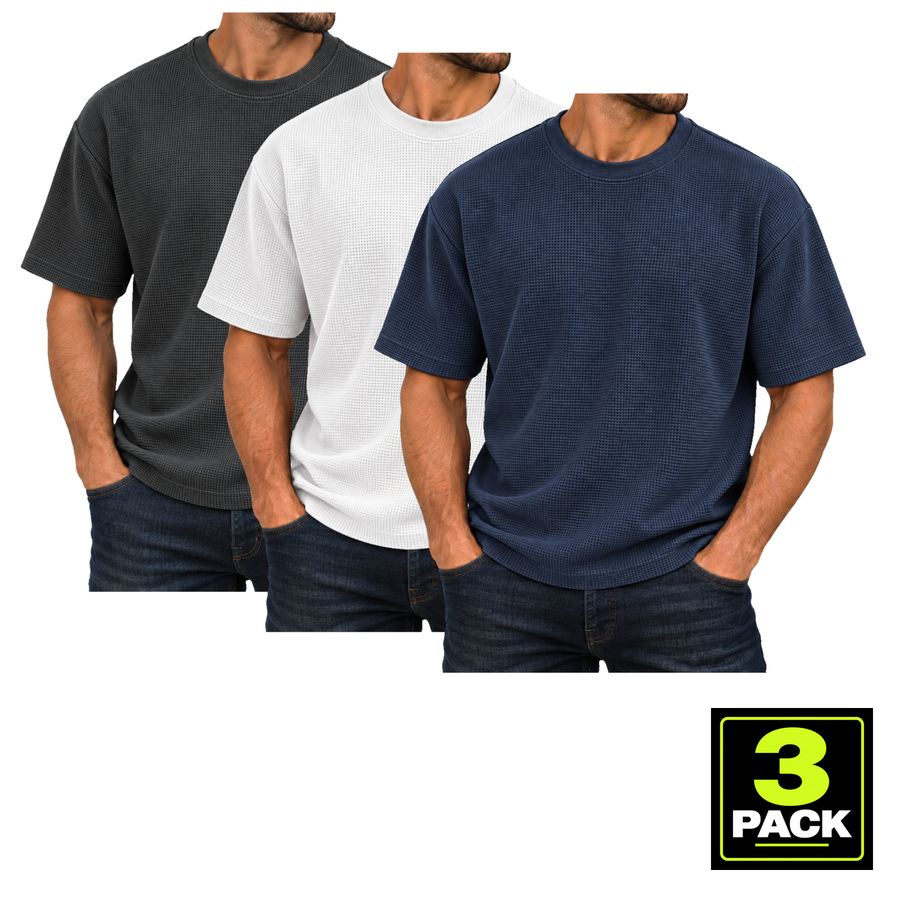 Men's 3 Pack Heavyweight Micro Waffle Knit Drop Shoulder Short Sleeve Tee — Black, White & Navy