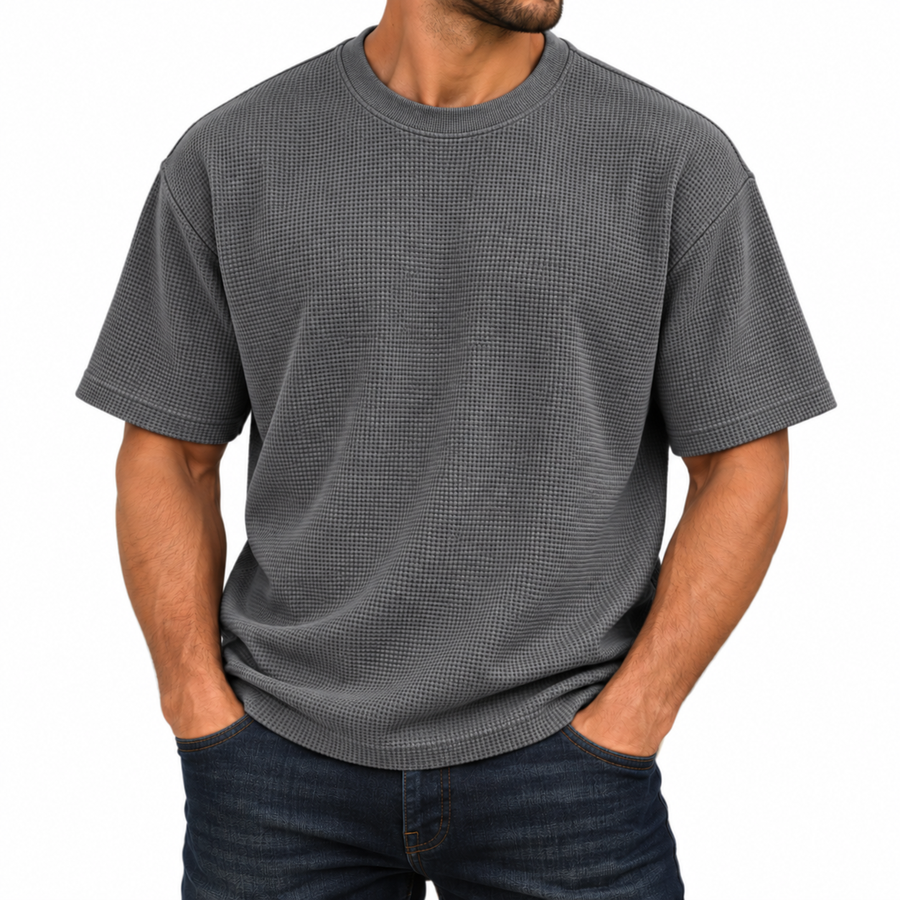 Men's Heavyweight Micro Waffle Knit Drop Shoulder Short Sleeve Tee — Dark Grey