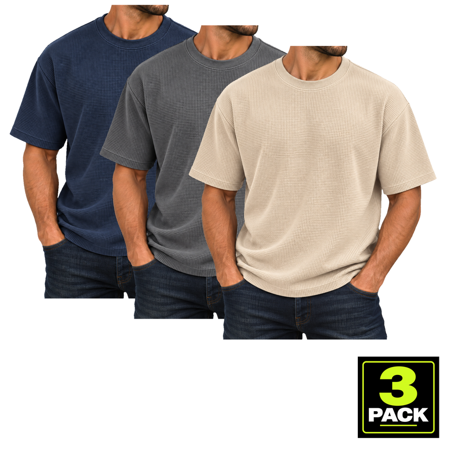 Men's 3 Pack Heavyweight Micro Waffle Knit Drop Shoulder Short Sleeve Tee — Navy, Dark Grey & Sand