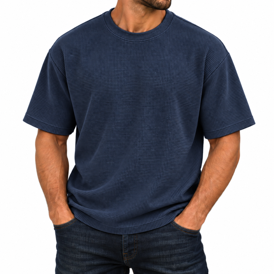 Men's Heavyweight Micro Waffle Knit Drop Shoulder Short Sleeve Tee — Navy