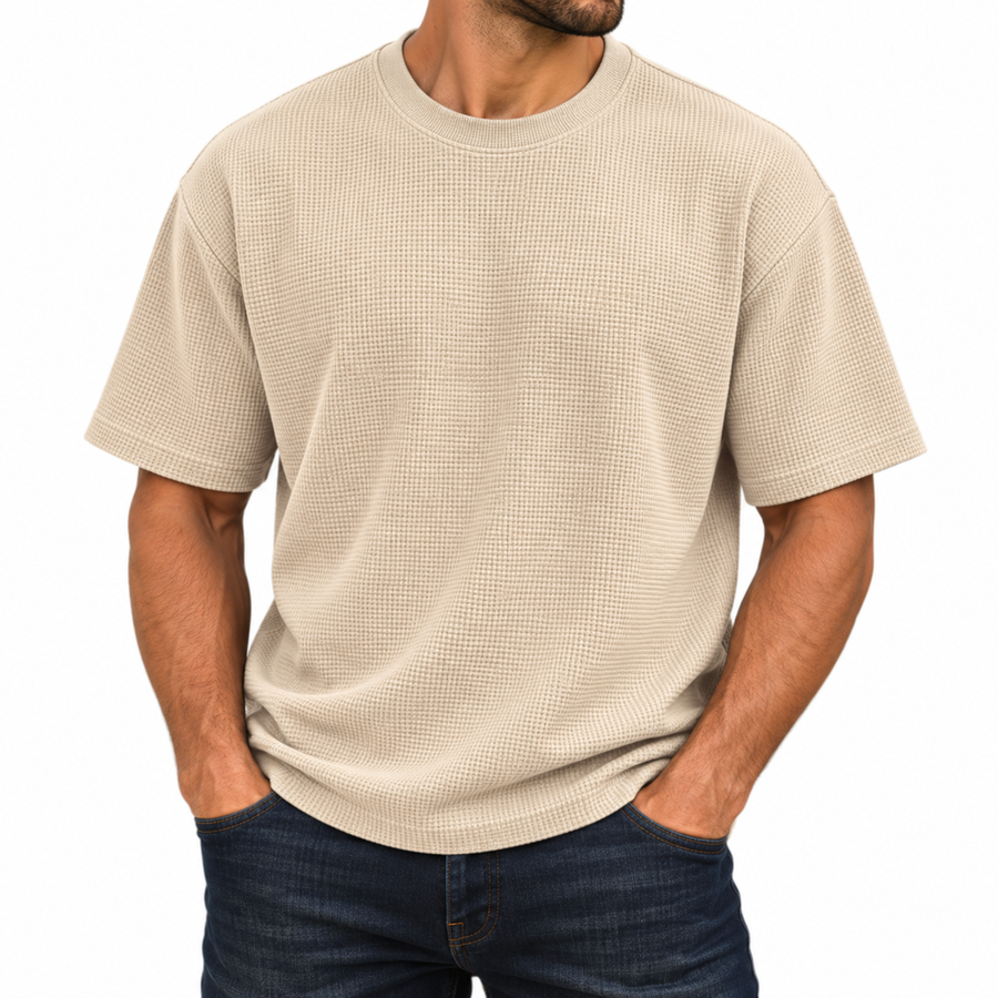 Men's Heavyweight Micro Waffle Knit Drop Shoulder Short Sleeve Tee — Sand
