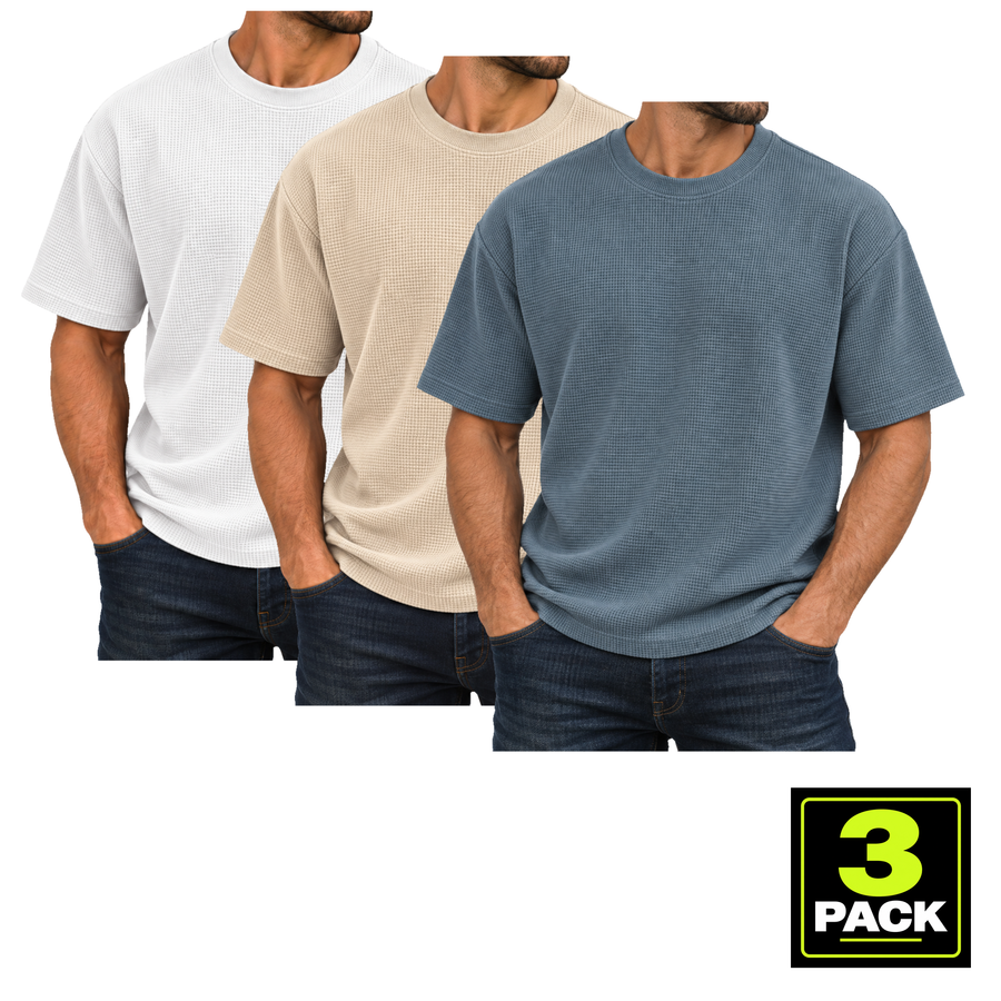 Men's 3 Pack Heavyweight Micro Waffle Knit Drop Shoulder Short Sleeve Tee — White, Sand & Steel Blue