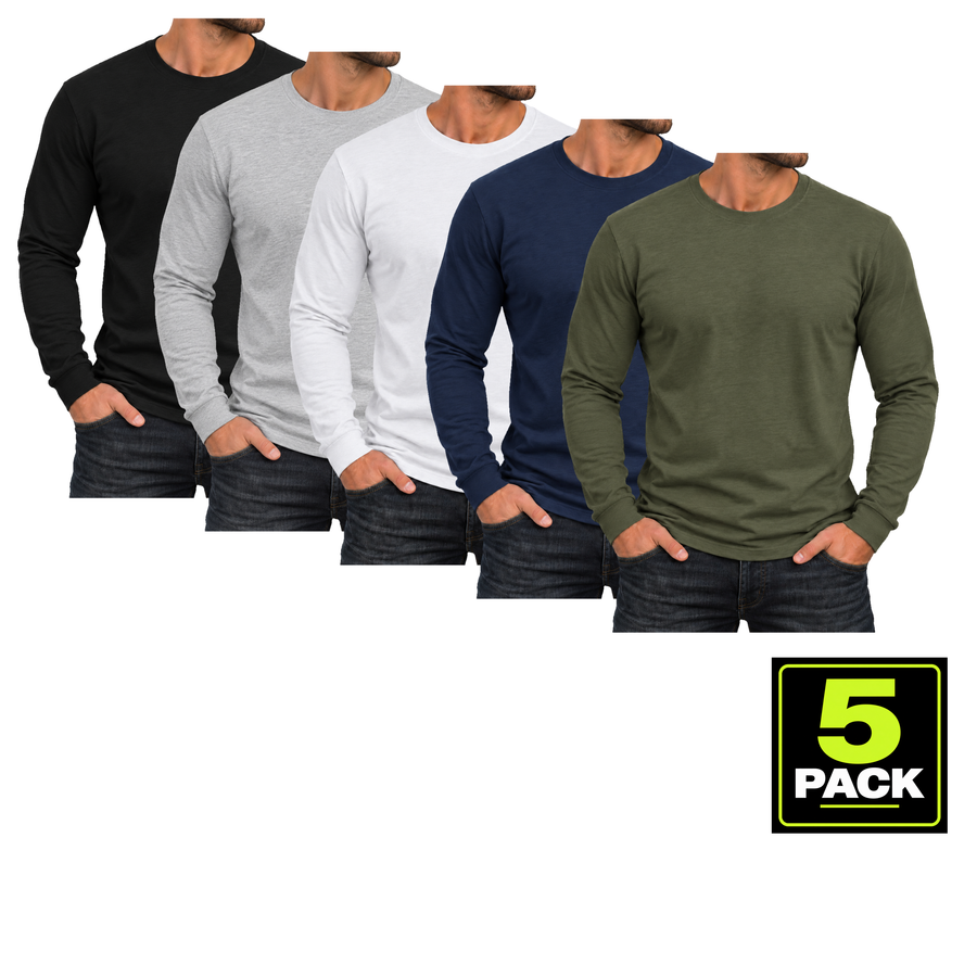 Men's 5 Pack Cotton-Blend Long Sleeve T-Shirts — Black, Heather Grey, White, Navy & Olive
